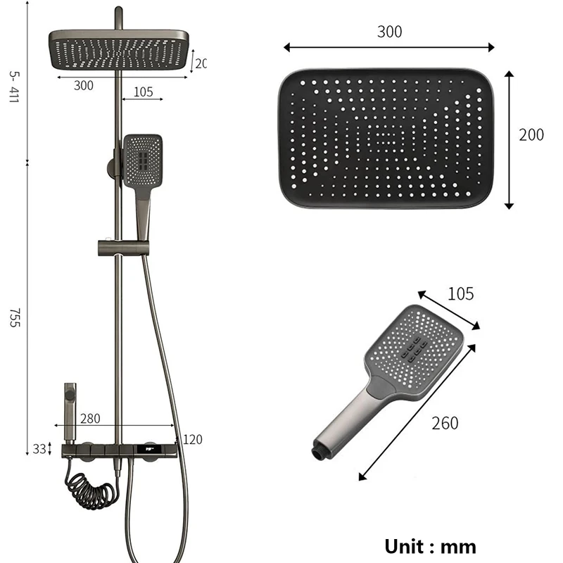 Digital LED Bathroom Shower Full Set Gray Bathtub Shower System Rain Pressurized Shower Sets Hot Cold Shower Faucet