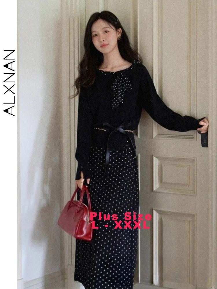 

ALXNAN пуловеры больших размеров с наклонными плечами, дизайн в горошек, универсальные осенние повседневные вязаные свитера D12566