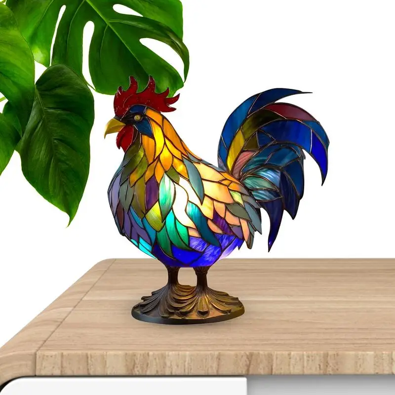 Stained Glass Animal Lamp Rooster Stained Glass Resin Nightstand Lamp Retro Gifts Home Decoration Animal Sculpture Night Light