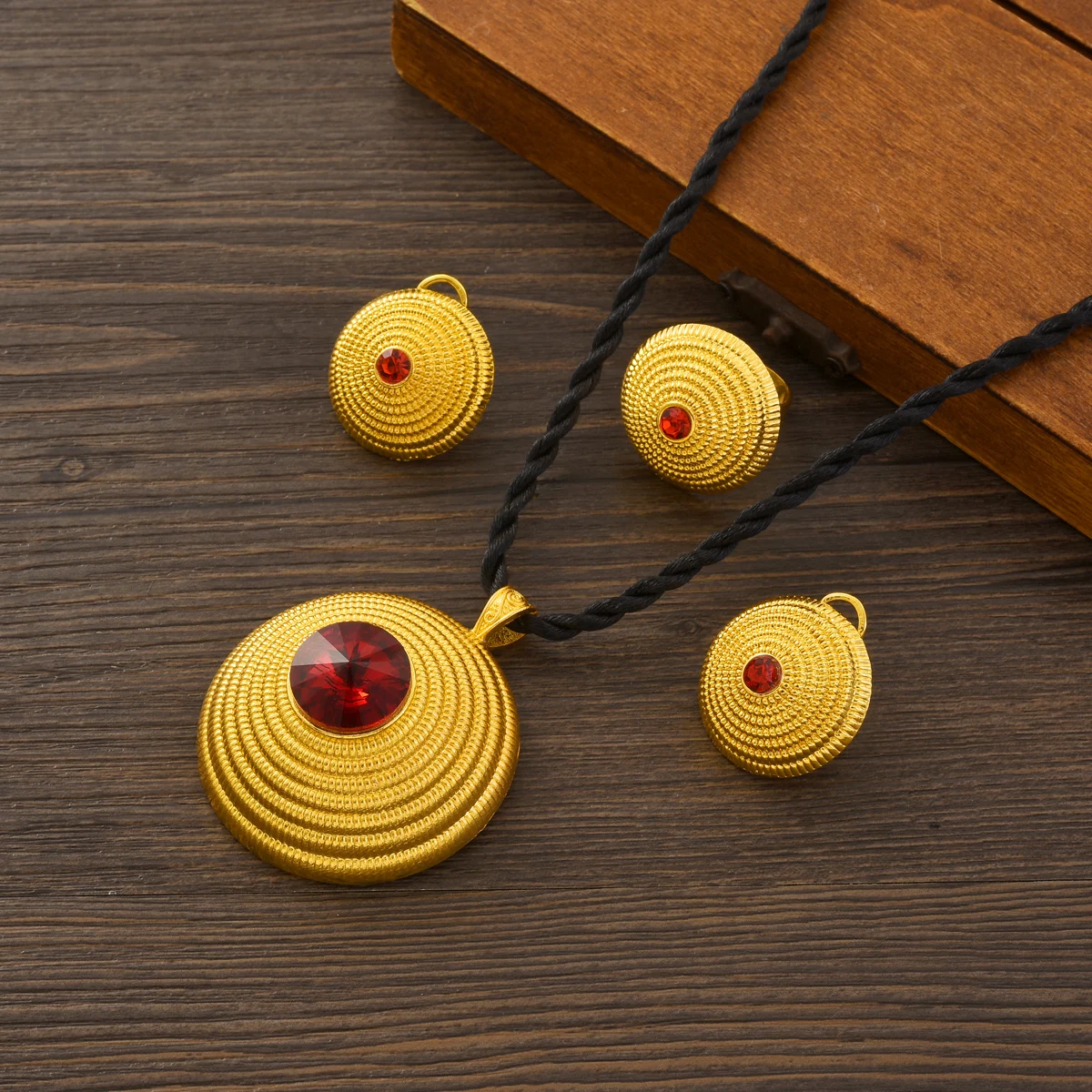 Gold Color Round Red Zirconia Jewelry Set Middle East Dubai Pendant Necklace Ring Earring Arab Ethiopian Bride Wedding party