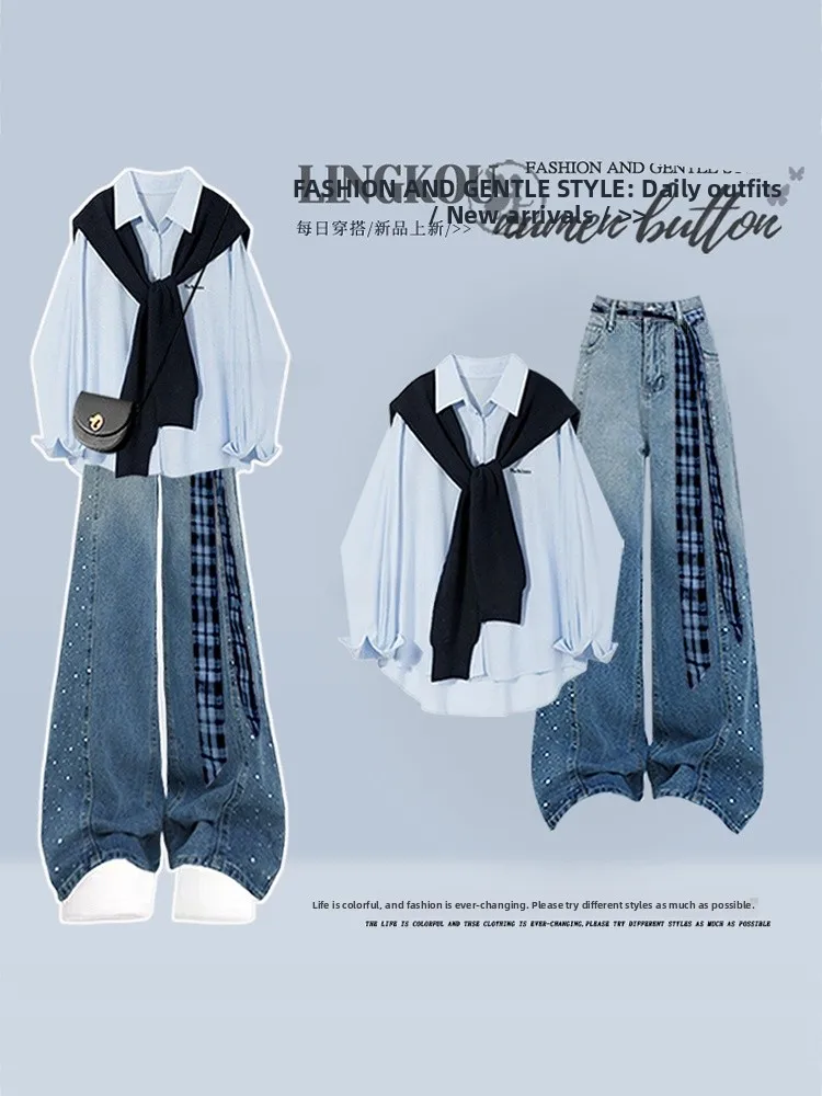 

Ele plus Size Spring Set Women's High-End irt with awl Slimming adient Denim Pants Two-Piece Suit Vintage Sle Cas...