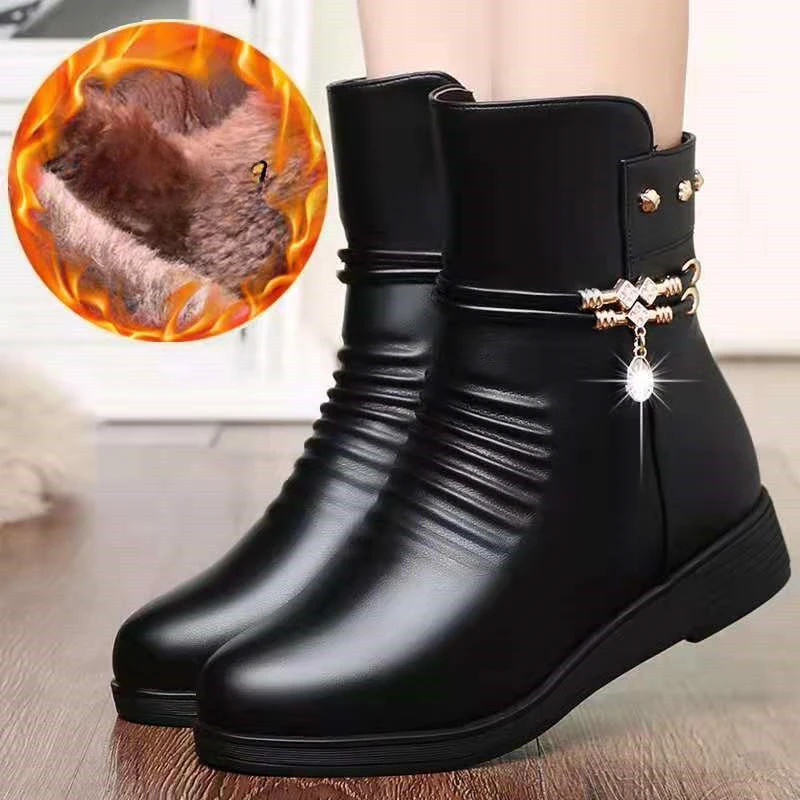 Botas de tornozelo femininas de couro inverno grosso lã forrado botas de neve de couro genuíno tamanho grande sapatos de algodão feminino