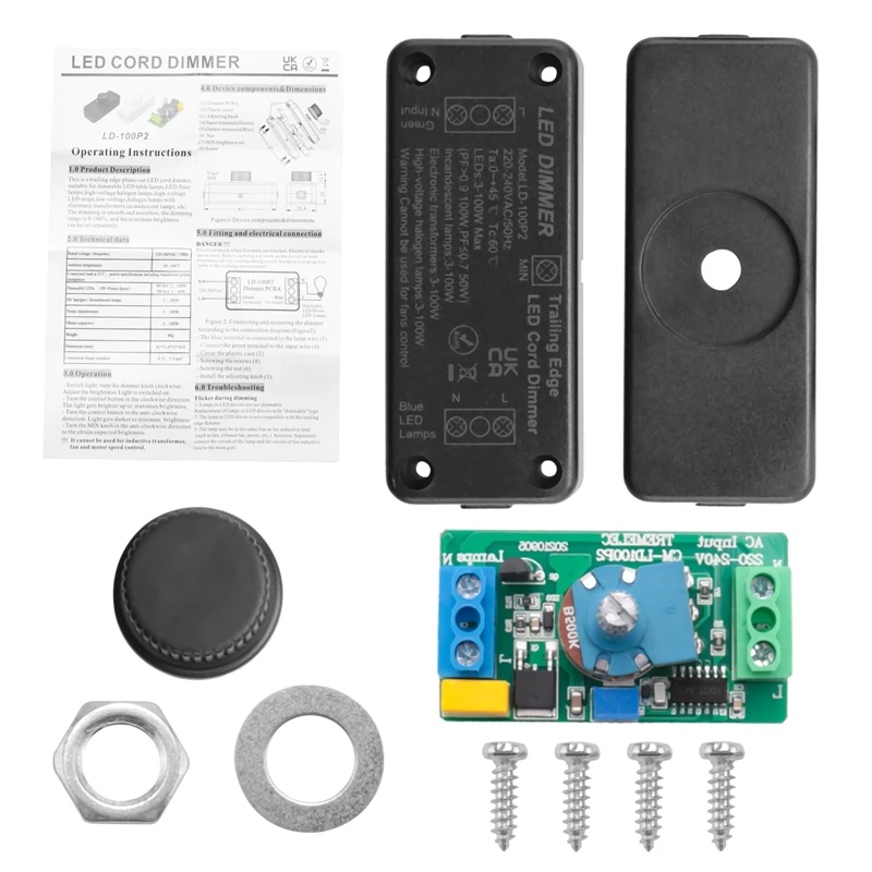 Inline LED Dimmer Switch, Built-In Rotary ON/OFF And Knob Control Dimmer For Dimmable 3-100W LED/Incandescent