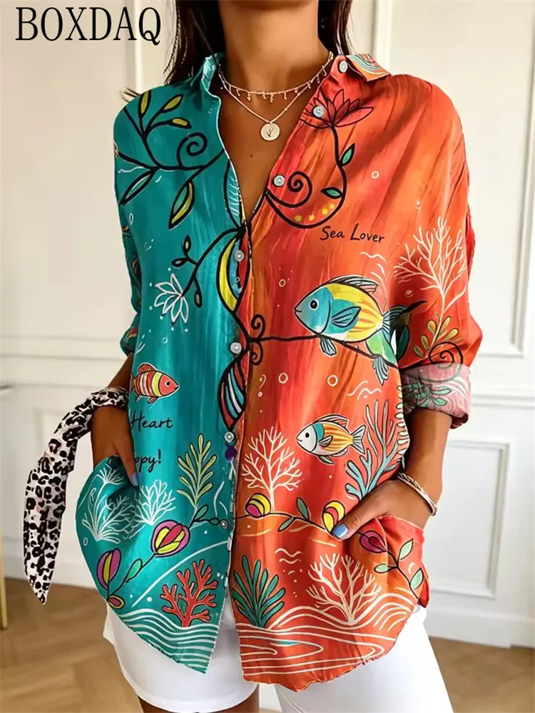 Ladies' Autumn Fashion Blouse Casual Long Sleeved Lapel Button Color Blocking Cute Animals Pattern Printed Loose Women's Shirts