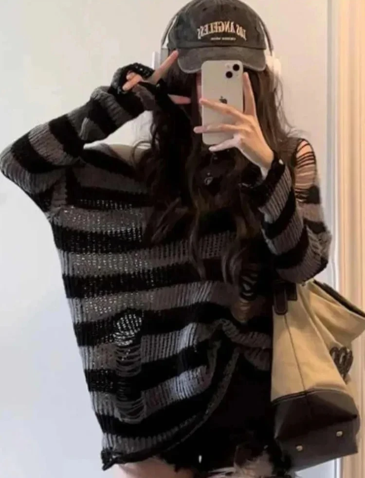 Gothic Sexy Aushöhlen Pullover Frauen Gestreiften Lose Langarm Punk Gestrickte Jumper Streetwear Harajuku Hip Hop Tops