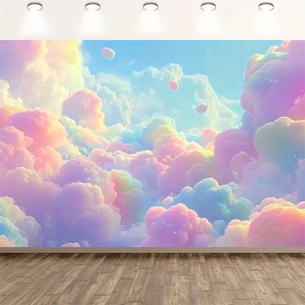 1, verträumter, bewölkter Himmelsfotografie-Hintergrund – murky-Regenbogenwolken und Luftballons, Geburtstag, Veranstaltung und dekorative Partybanner