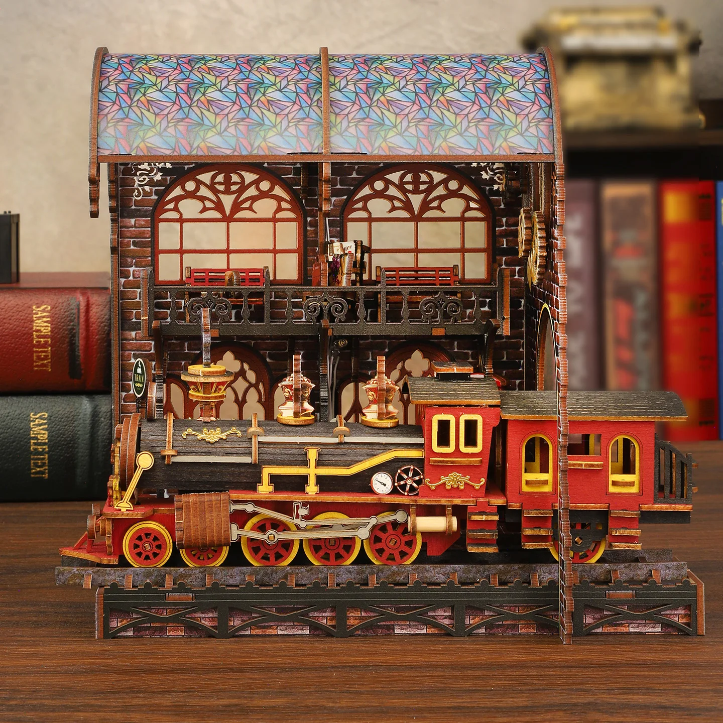 Kit modello in miniatura in legno per angolo libro fai-da-te La piattaforma zero Treno magico Fermalibri Scaffale puzzle 3D per regali di compleanno di amici