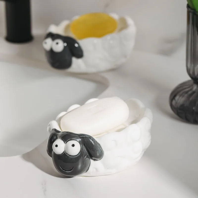 Sheep Soap Dish Creative Cartoon Cute Animal Waterproof Soap Drain Rack Washstand Organizer Bathroom Accessories Home Decoration