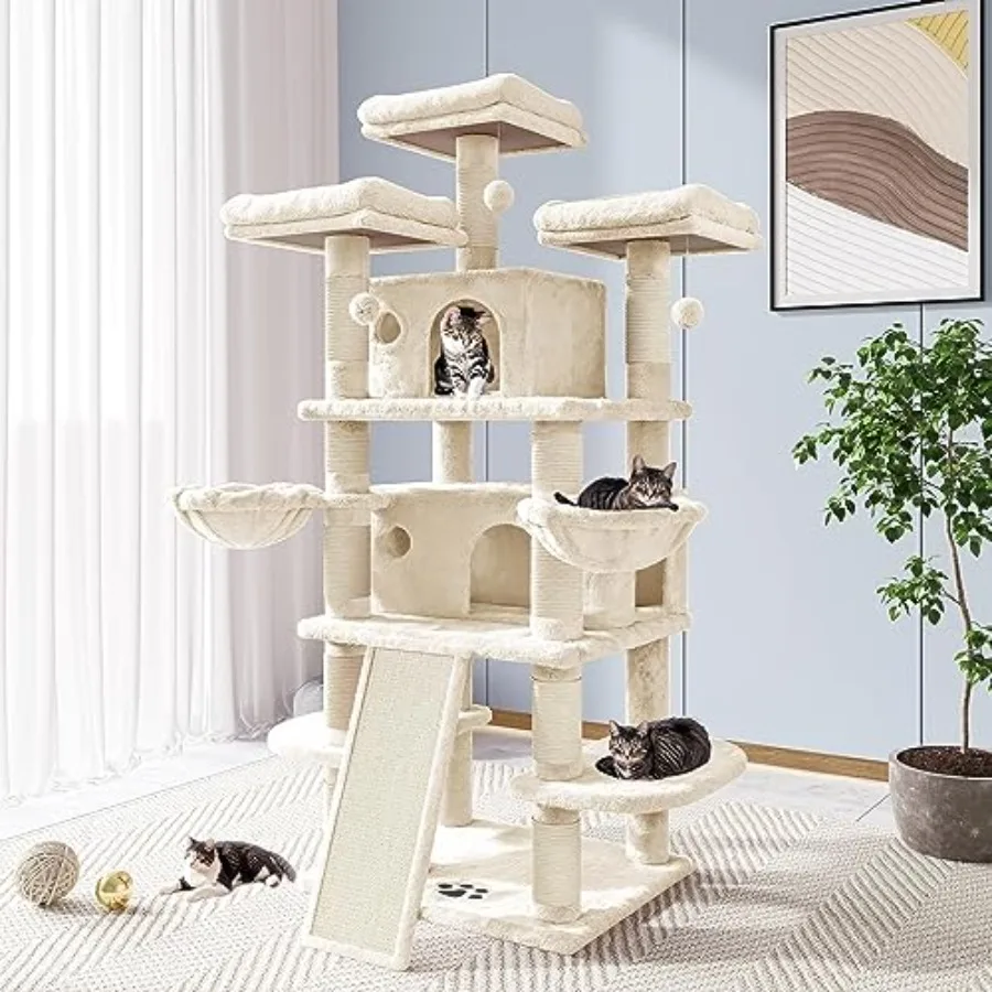 

68 Inches Cat Tree with Condo and Scratching Post for Big Felines Multi-Level Climbing Tower in Beige Durable Wood and Sisal Ma