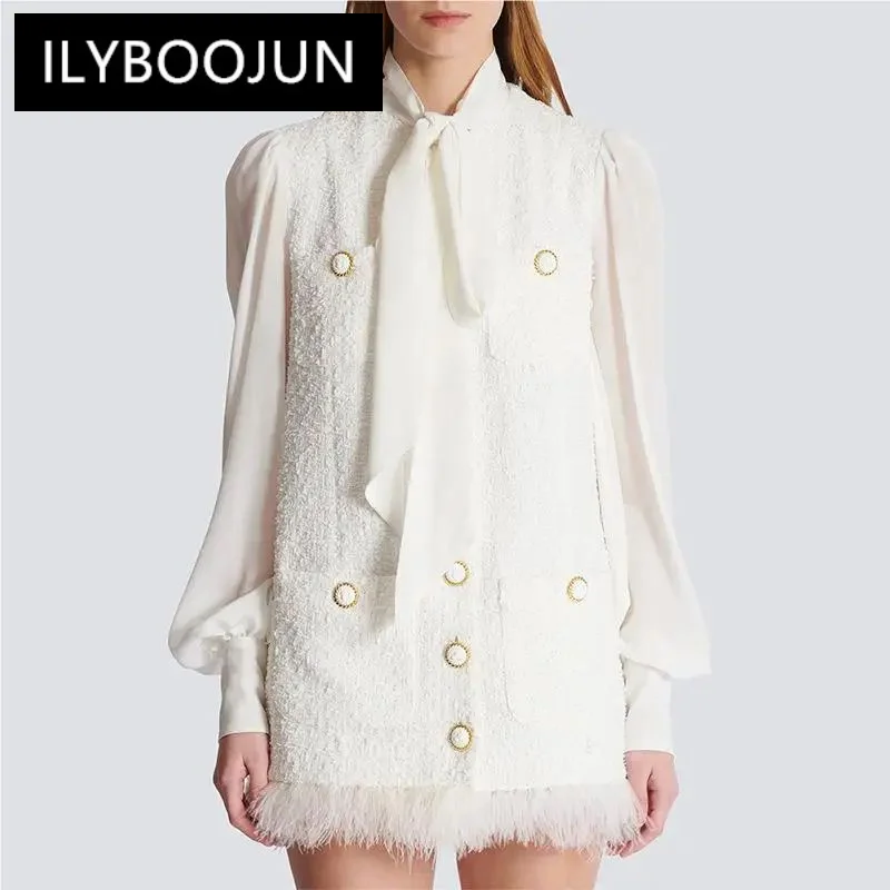 

Brand Autumn Winter Delicacy Tweed Chiffon Patchwork Long Sleeve O-neck Casual Wear Women Office Short Mini Dress