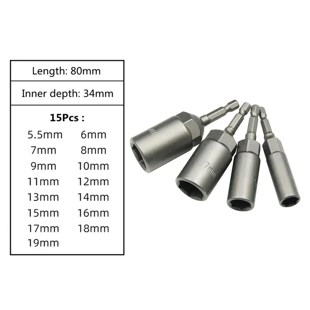 5.5-19mm Impact Socket Adapter 80mm Length Deepen Nut Driver Drill Bit Set for Power Tools 1/4-inch Hex Shank Wrench Screw