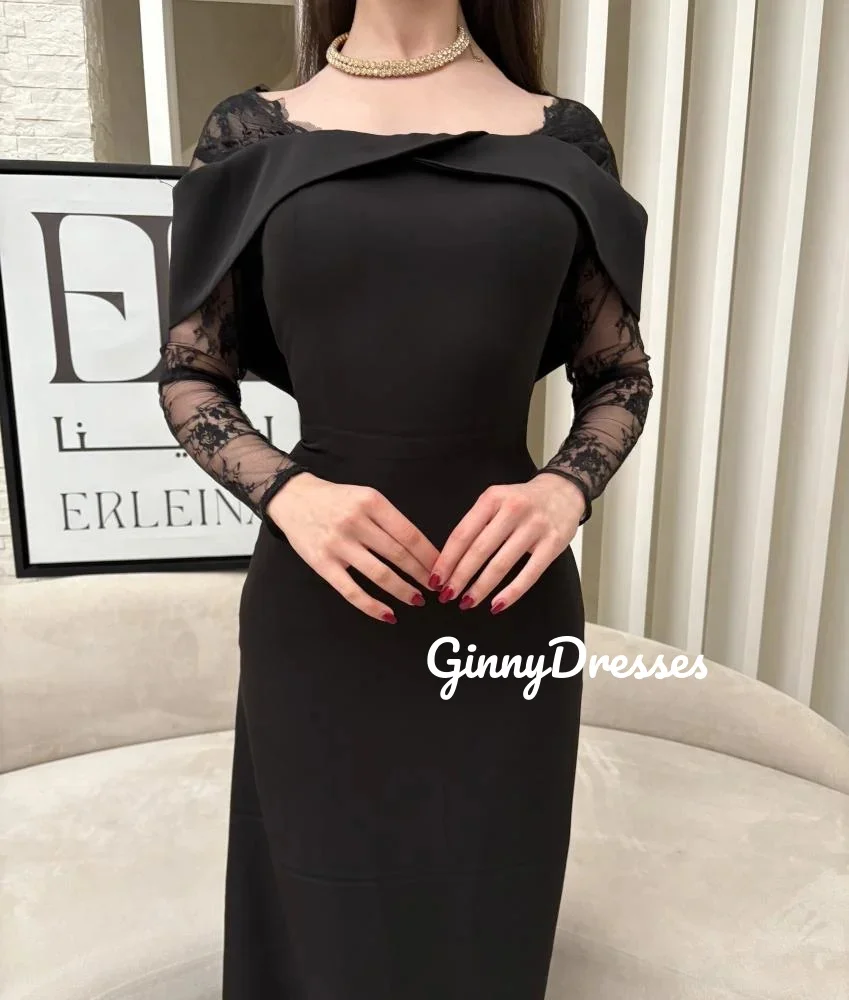 

Evening Dresses Square Neck Ruffles Dubai Dresses Luxury Evening Customize Lace Sleeves Sheath Floor-Length فساتين سهره نسائي