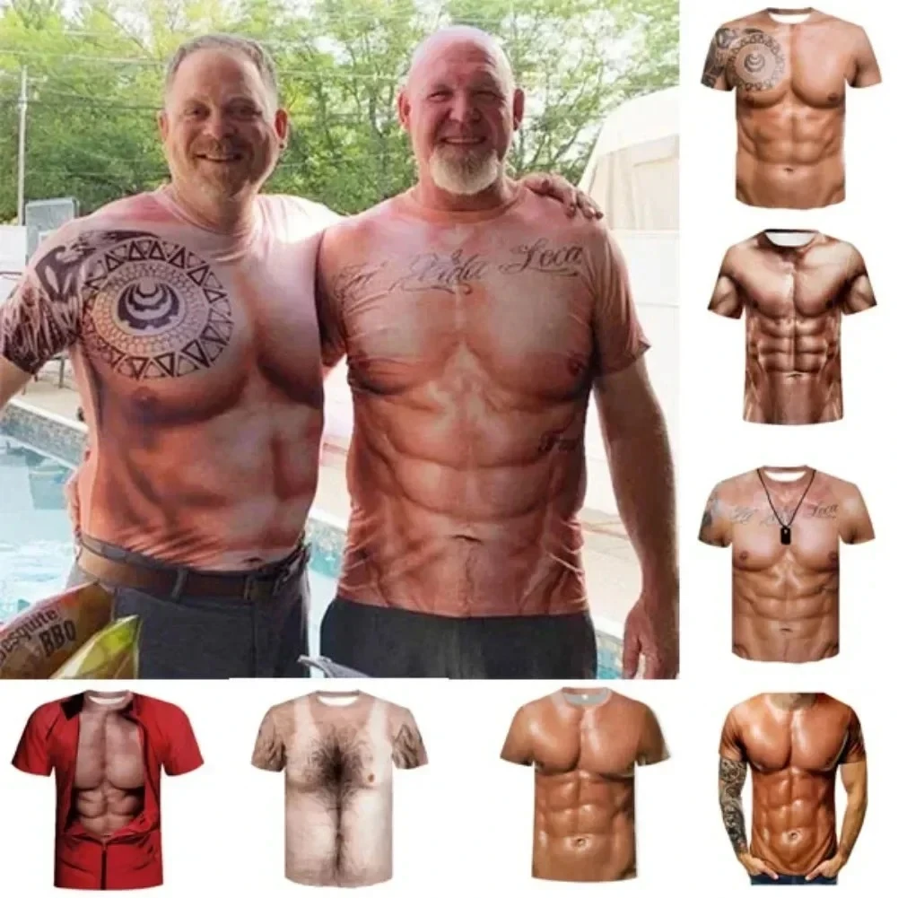 Men's T‑Shirt Muscle Tattoo 3D Digital Print Summer Beach Holiday Casual Short Sleeve Top