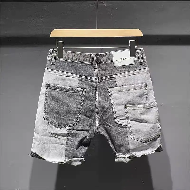 Trendy Short Jeans Men's Summer Patchwork Five-Point Frayed Korean Style Vintage  Leggings Casual Wear Youth Popular