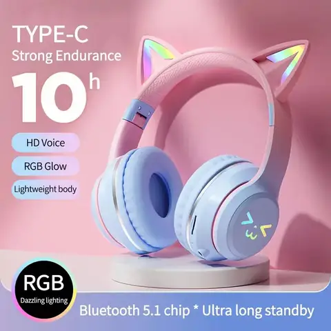RGB 글로우 휴대용 헤드폰 Blutooth 제어 가능한 라이트 고양이 귀 소음 감소 무선 헤드폰 Bluetooth 이어폰 Pc 게이머