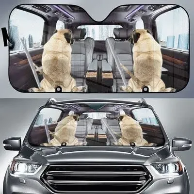 Funny Black and Tan Pug with Windshield Wipers Tails Car Sunshade, Funny Pug Dog Tails As Windshield Wipers Auto Sun Shade for U