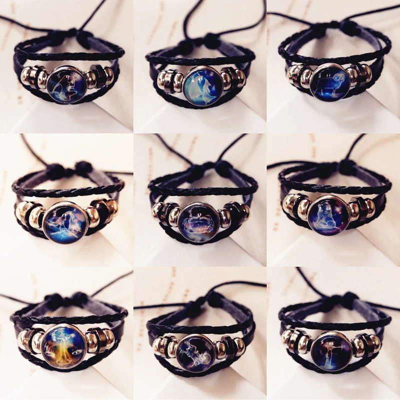 12 Zodiac Signs Bracelets Constellations Bracelets Black Button Woven Leather Bracelet Men Woman Aries Libra Leo Jewelry Gift