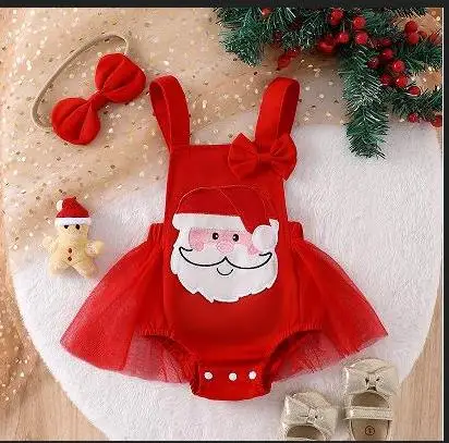 Christmas Baby Square Collar Dress  Christmas Grandpa Embroidery Holiday Costume Cute Yarn Skirt Embroidery Bodysuits