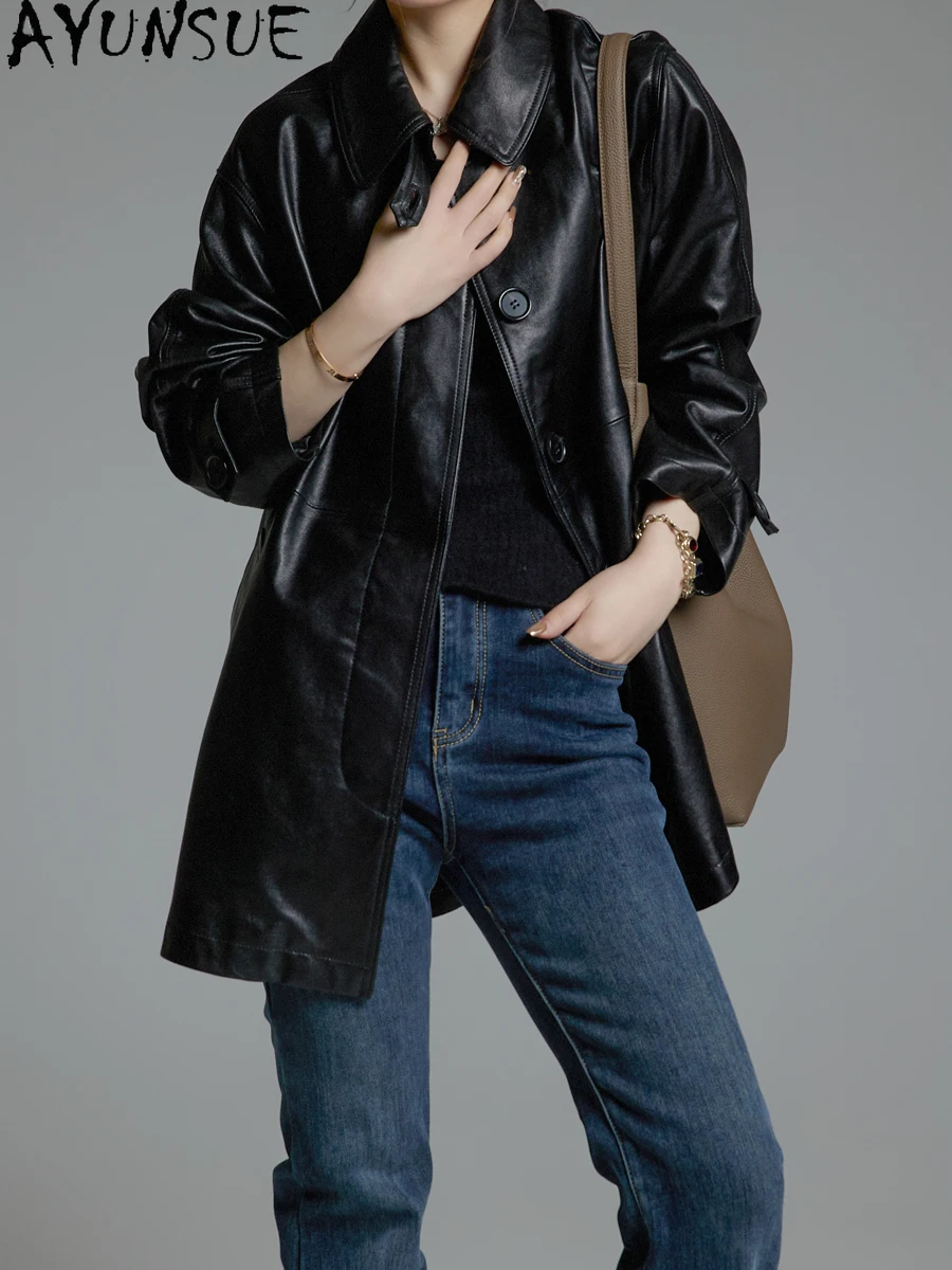AYUNSUE リアルレザージャケット女性植物なめしシープスキンミッドレングストレンチコート秋の女性の服新しいアウターウェア