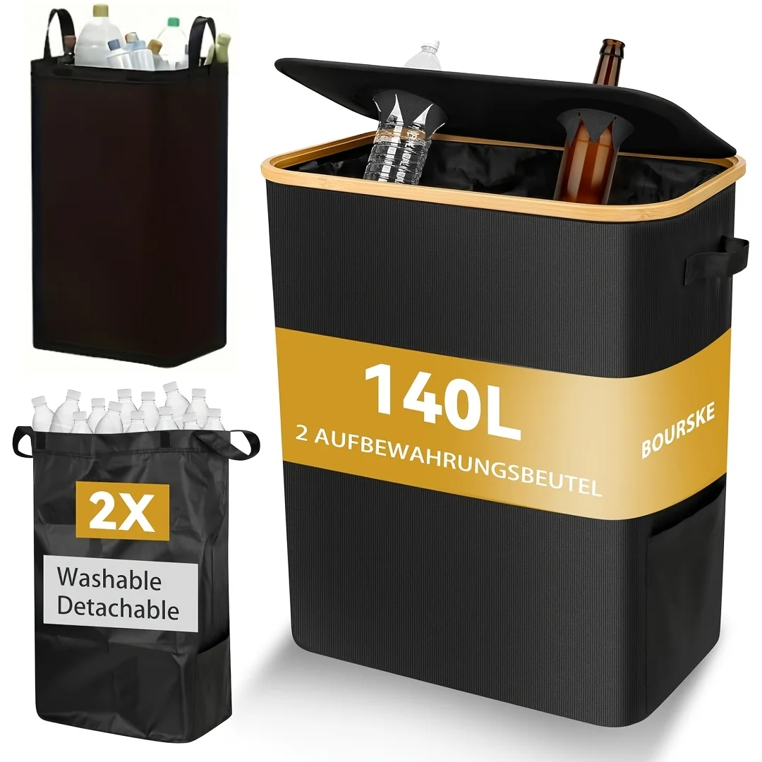 Conteneur de rangement de 140 litres - Conteneur de collection avec couvercle et sac amovible - Grande capacité - Rangement pour bouteilles