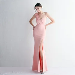 Sladuo Women's One Shoulder  Bridesmaid Dresses Long With Slit Pleats Satin Mermaid Formal Wedding Party Gowns