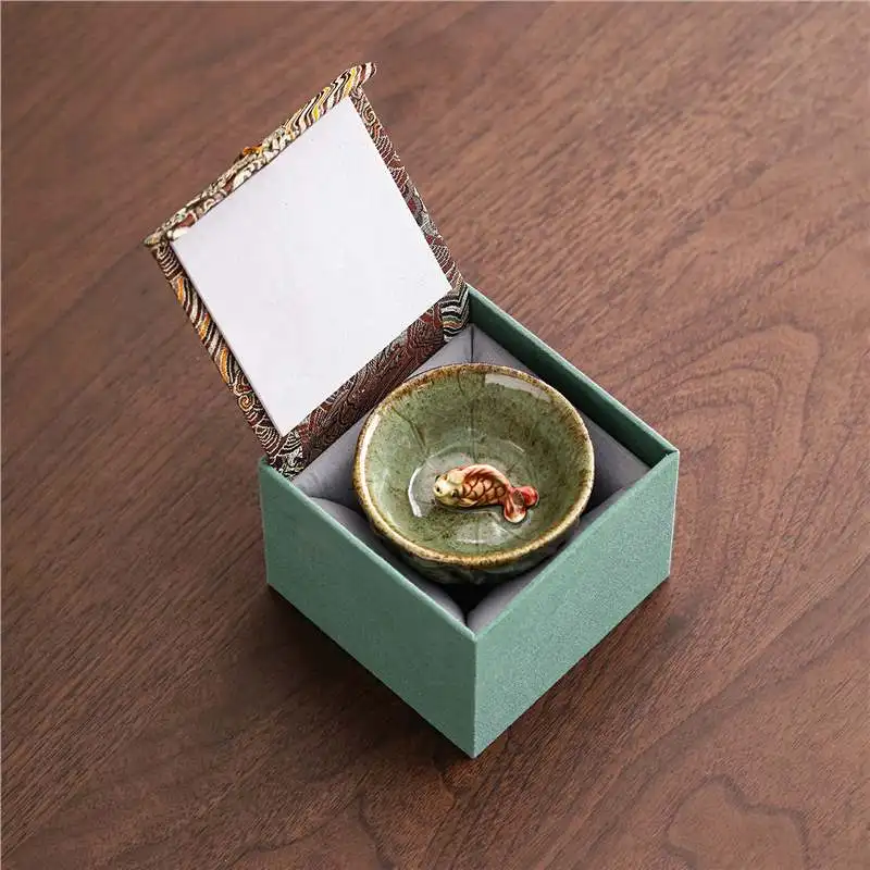 Hand fired shino coarse pottery fish pattern master tea bowl kung fu teaware ideal gift for men daily household tea use