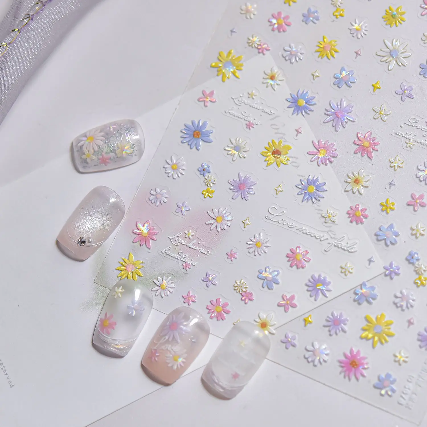 Spring Color Daisy Nail Stickers 5D Shell Light Self-adhesiv