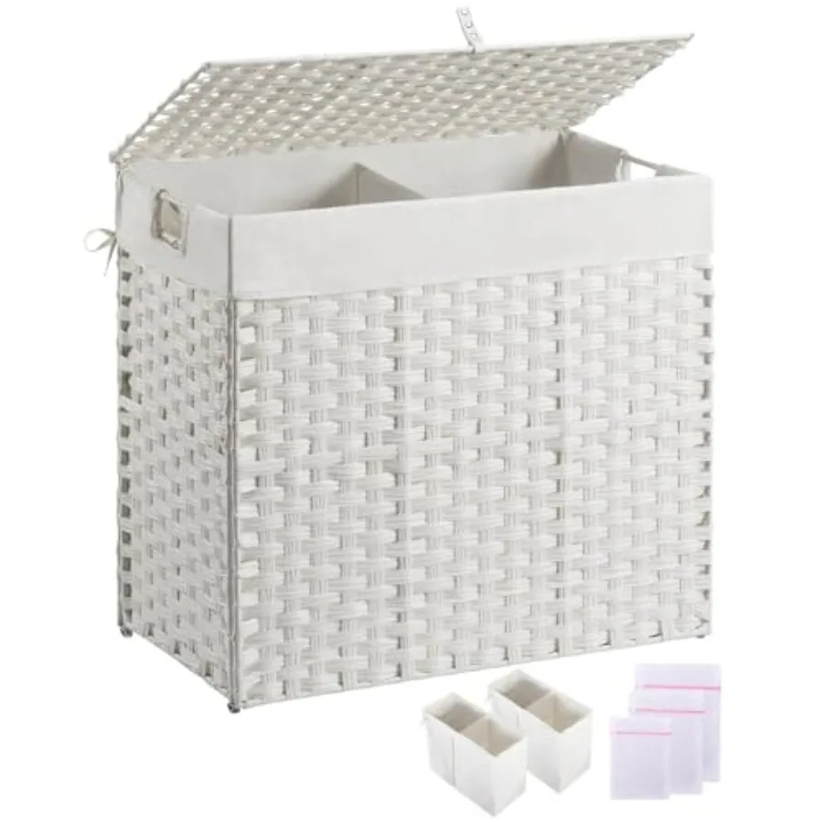 

130L Foldable Wicker Laundry Hamper with Lid and Two Removable Liner Bags for Home Use Handwoven Rattan Design with Handles No
