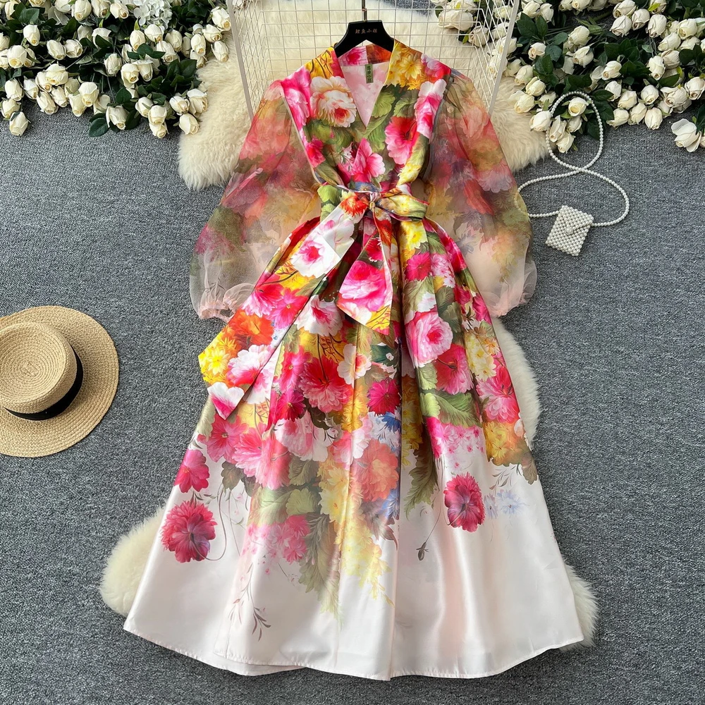 

Australian Mesh Lantern Sleeve Comfort Court Style Long Sleeve Flower Print Dress Women Holiday Dress Elegant Classy Fashionable