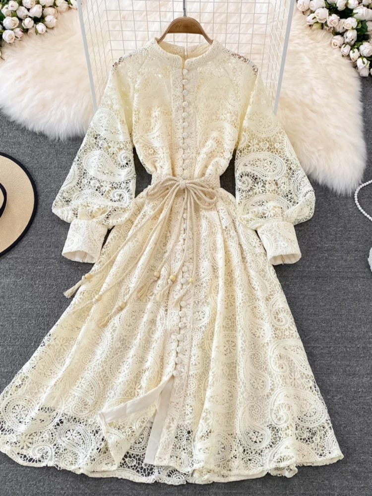 Vintage Court Style Lace Dress Women Elegant Hollowed Out Lantern Long Sleeve Slim Party Dresses Ladies Beige Black Long Robe