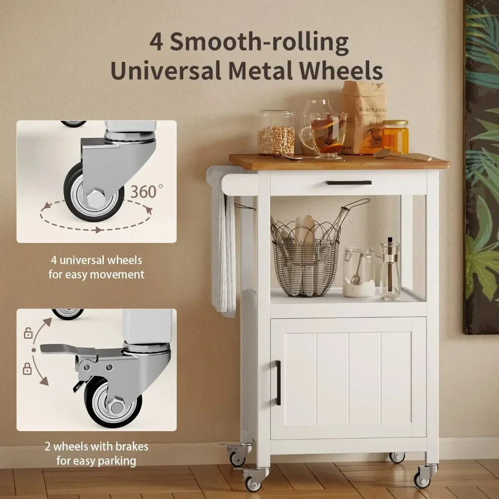 Microwave Stand,  Kitchen Island Cart with Cabinet, Microwave Cart with Storage Drawer, Towel Rack, Hooks, White