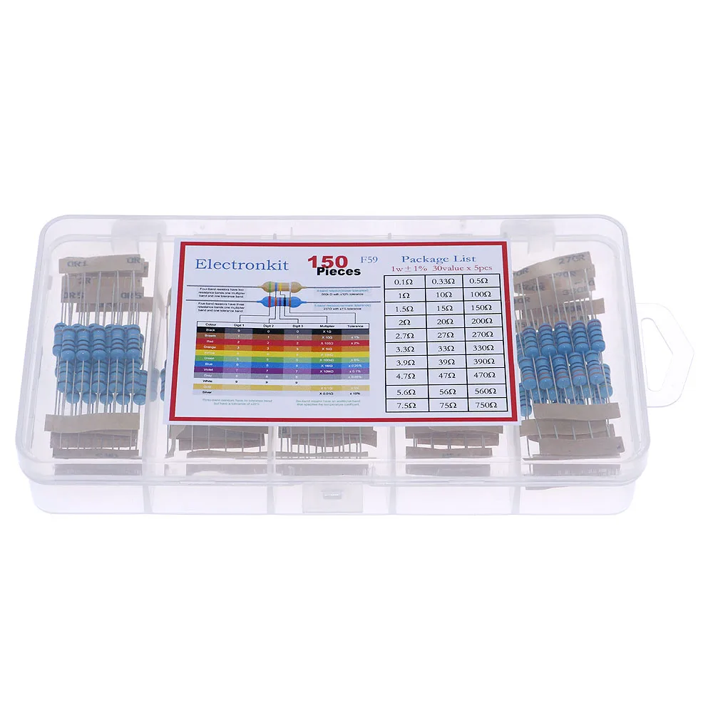 150pcs/Box 30values 0.1-750 ohm 1% 1W Metal Film Resistor Assorted Kit Set