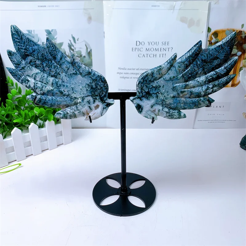 

Hand Carved Butterfly Figurine with Stand, Natural Moss Agate Angle Wings, Reiki Crystal, Healing Energy Stone, Home Decoration