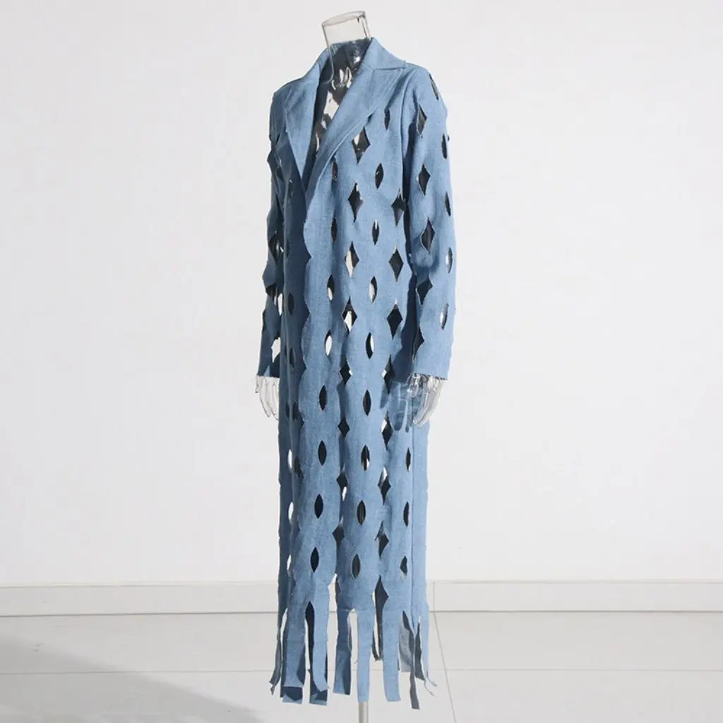 Women's Long Denim Coat with Hollow Kink Tassel New Personality Design Windbreaker