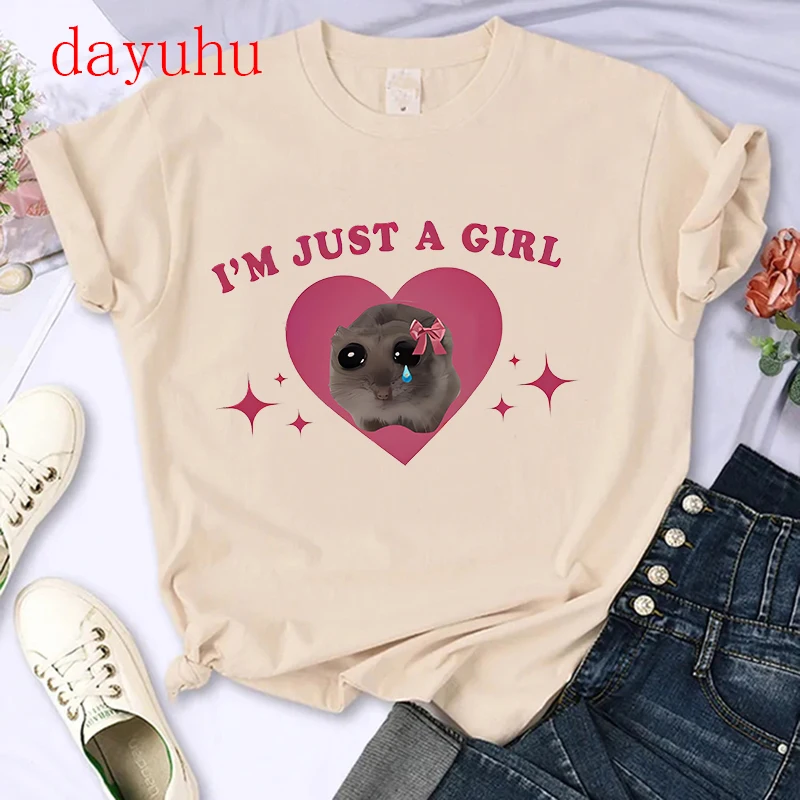 T-shirt Sad Hamster Meme Im Just A Girl T Shirts Women Clothing Harajuku Aesthetic Tshirt Vintage Streetwear Tops Tee Female