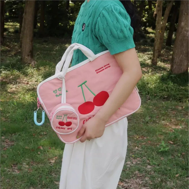 Sweet Cute Cherry Hand Carry Laptop Bag Women Tablet MacBook Air 13 Case 14 Inch Laptop Sleeve Portable Large Capacity Briefcase