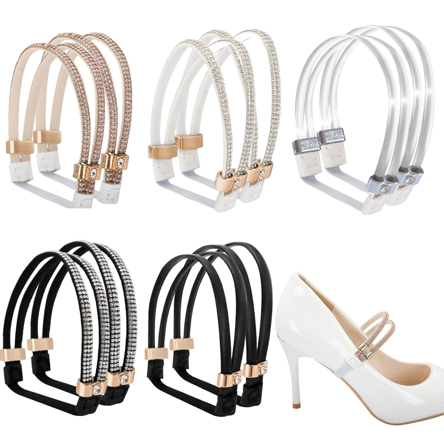 1Pair Sparkling Rhinestone Detachable Elastic Ankle Straps, Adjustable Anti-Slip Reusable Replacement Bands for Loose High Heels