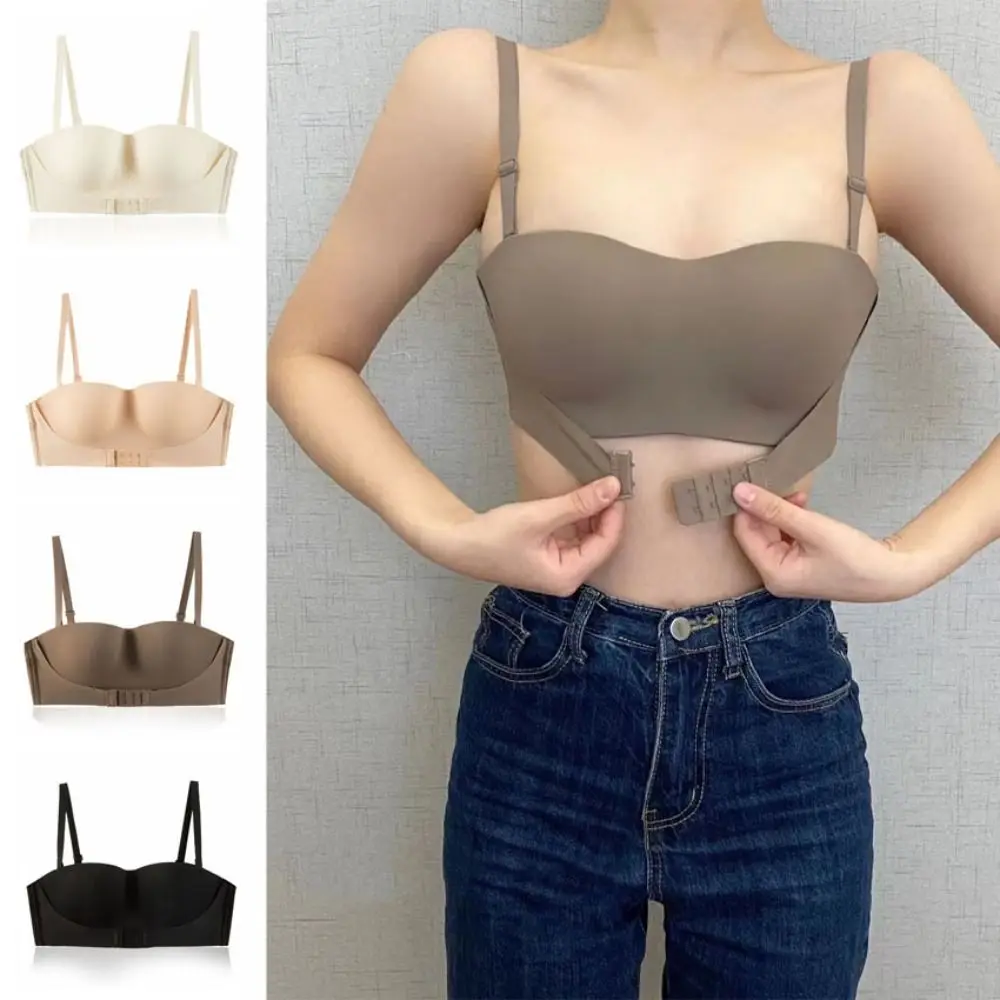 

Gathered 2 in 1 Women Seamless Bras Adjustable Cross Back Push Up Bralette Solid Color Thin Cup Anti-Sagging Brassiere Summer