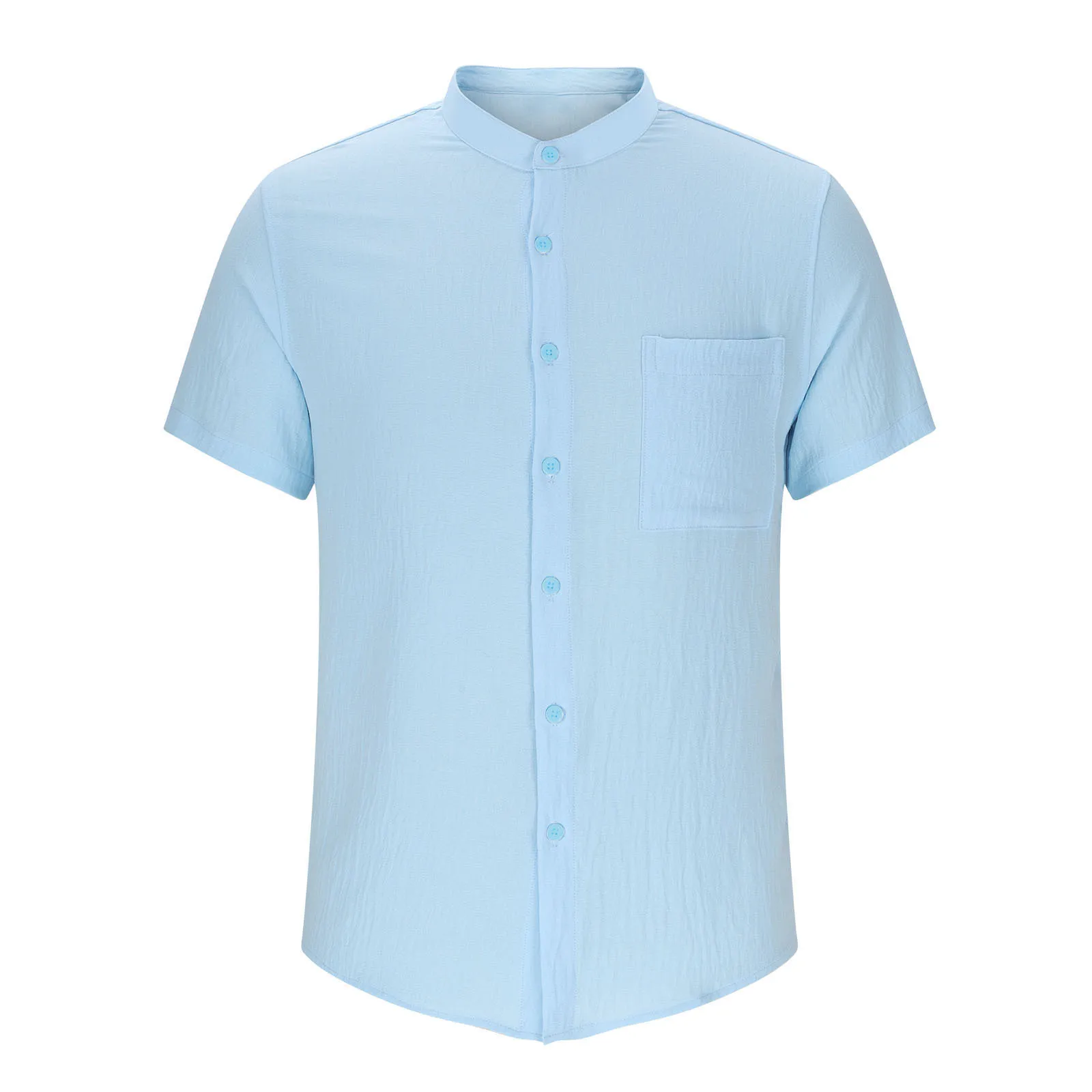 2025 European and American casual Henry collar button-down men's summer Hawaiian short-sleeved plain-colored shirt