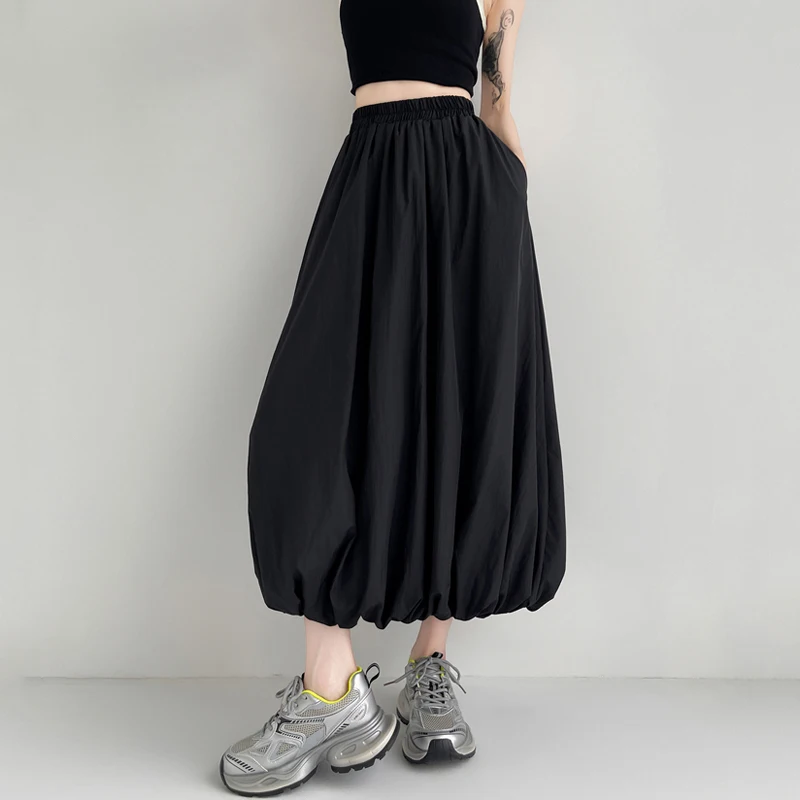 

New Fashion Bud Skirt Women Summer Chic Elastic High Waist Puffy Mid-length Skirts High Street Ladies Casual Long Skirts