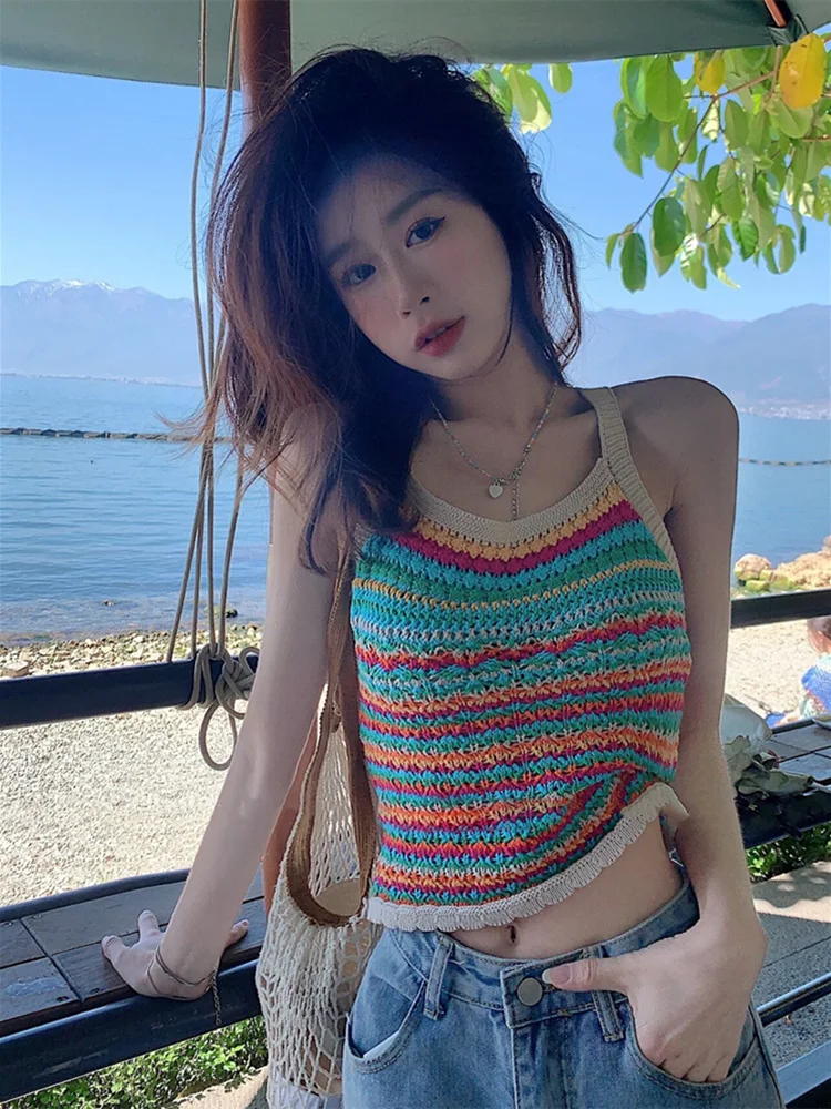 Sleeveless Striped Knitted Colorful Crop Tops Summer Casual Slim Vest Designed New Holiday Beach Chic Tank Top Women