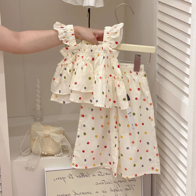 

Children's Cotton Polka Dot Set2026New style girls' two-piece outfit with suspenders and wide-leg pants