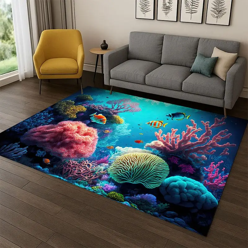 Underwater Sea World Marine Life Cartoon Carpet Rug for Bedroom Living Room Sofa Playroom Doormat Home Decor,Area Rug Non-slip