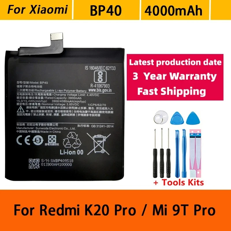 High Quality Battery For Xiaomi Redmi K20 Pro K20Pro/Mi 9T Pro 4000mAh BP40 Phone Replacement Batteries Bateria Batterij+Tools