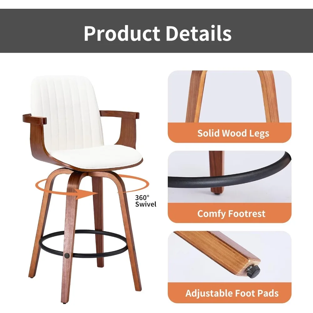 مجموعة مقاعد بار ذات ارتفاع مضاد مكونة من 2، 26 مقعدًا دوارًا مع ظهر مرتفع وأذرع خشبية، وكراسي بار حديثة من جلد البولي يوريثان.