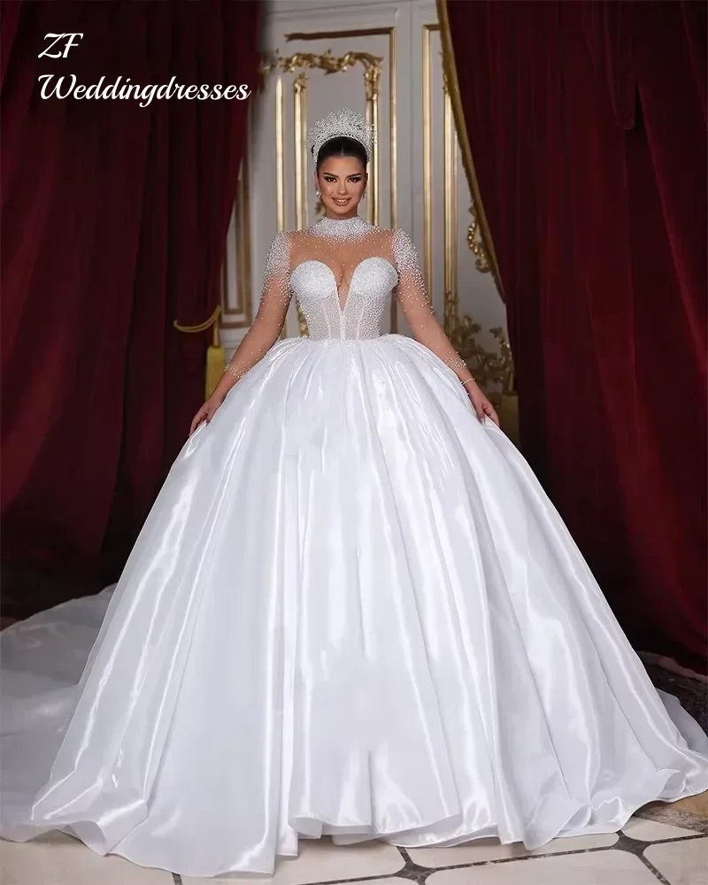 Angepasst Luxus Brautkleider Lange Ärmel High Neck Perlen Braut Prinzessin Ballkleid Kapelle Frauen vestidos de novia