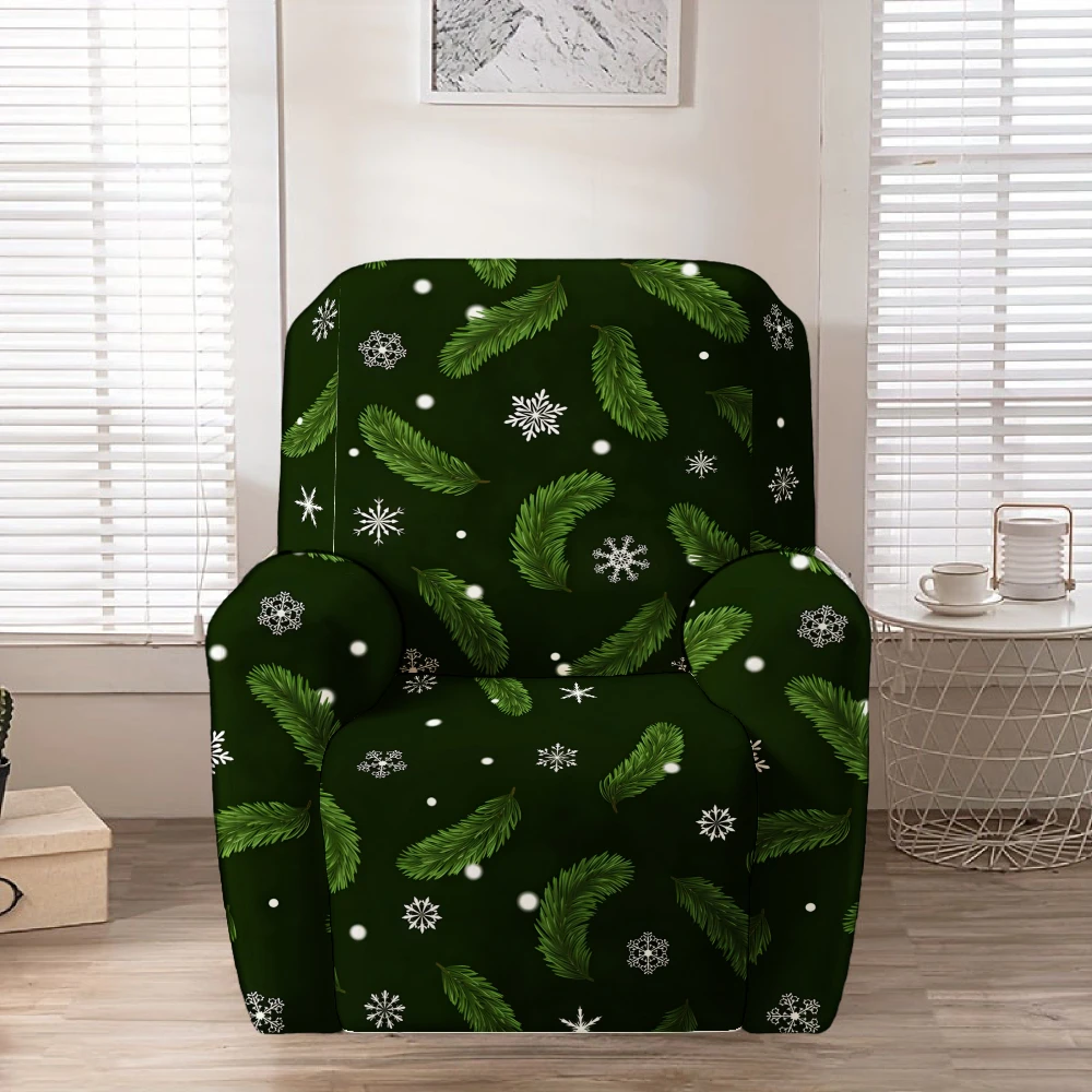 Dark Forest Green Pine Branch White Snowflake Print Stretch Recliner Chair Cover, Washable Full Wrap Lazy Sofa Slipcover