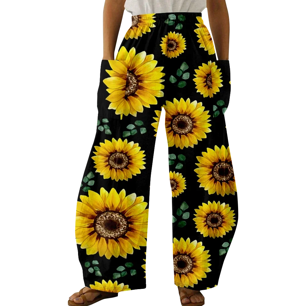 Autumn Stylish Vintage Pants Summer Sunflower Trousers Women Pocket Trousers Wide Leg Pants Girl Chic Pantalon Oversize Trousers