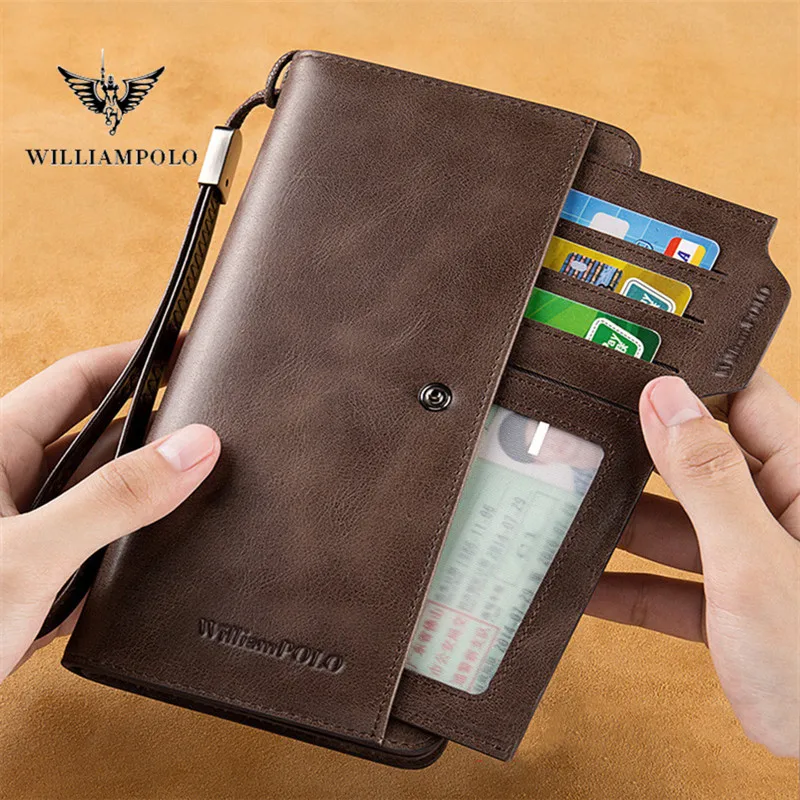 WILLIAMPOLO Vintage Cowhide Men Wallet Driver\'s License Card Package Leather Long Wallet Clutch Men\'s Wallet ID Card Holder