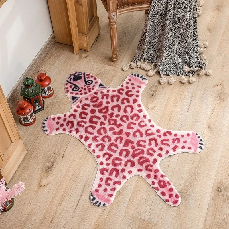 VIKAMA Pink Leopard Print Irregular Rug,Soft Faux Cowhide Floor Mat,Animal‑Shaped Non‑Slip Decor Carpet for Bedroom Living Room